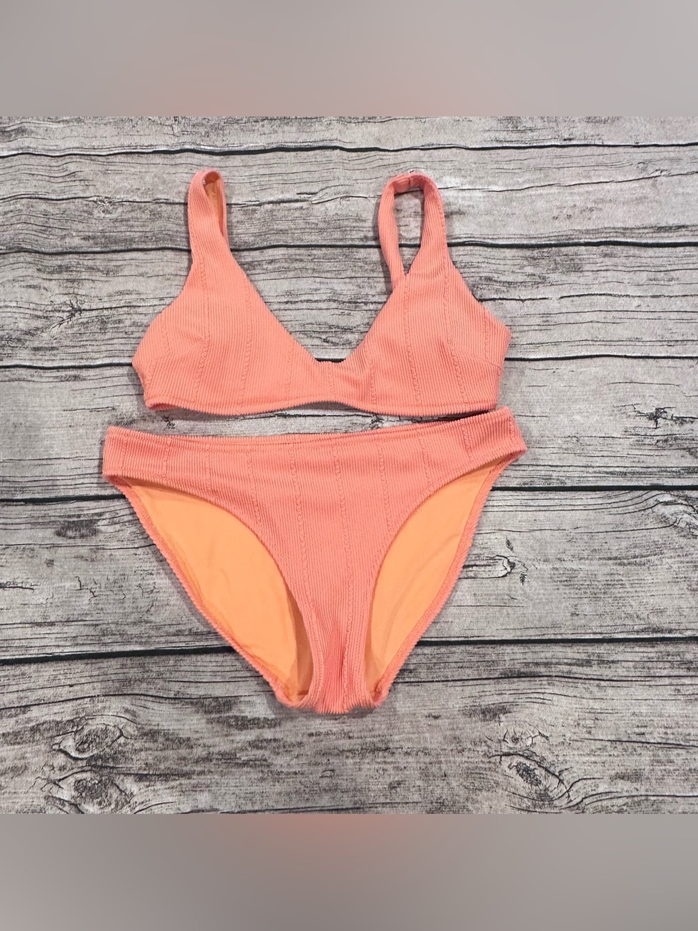 aerie Peachy Orange Textured Bikini With Scoop Top Size Medium